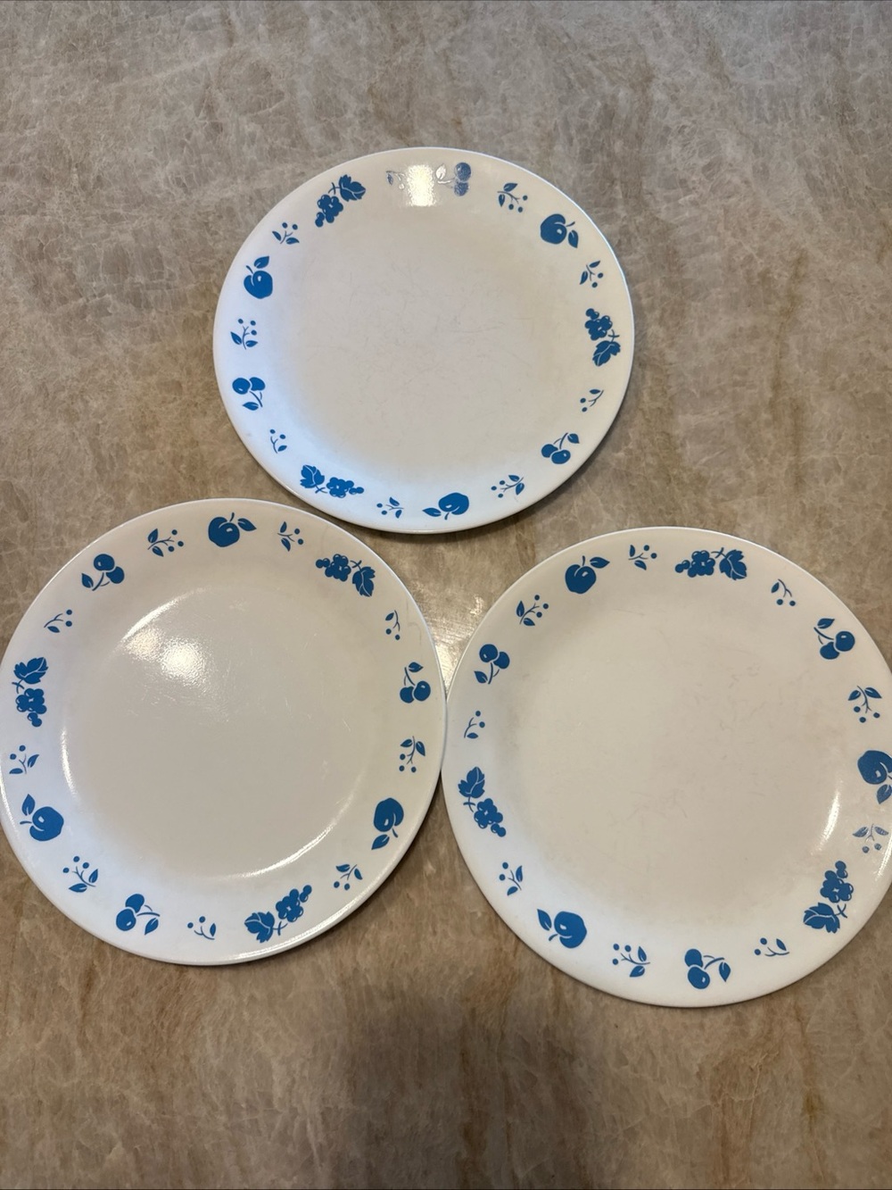 3-Vintage Corning Ware Corelle Blue Apple/cherry 10.25" Plate Vitrelle Excellent